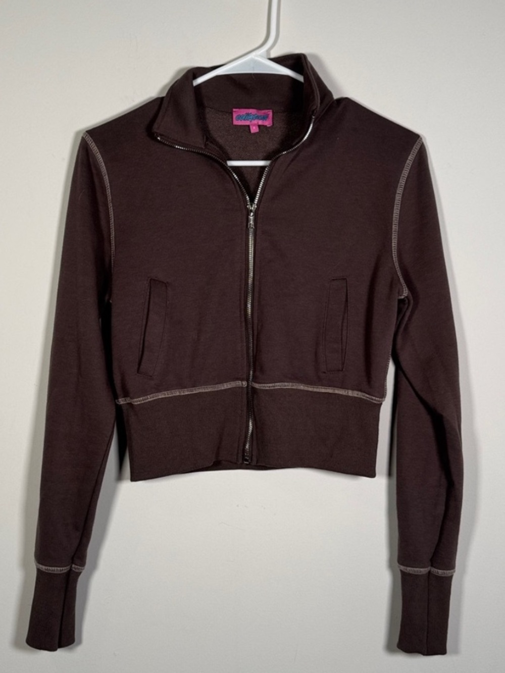 Edikted Cropped Zip-Up Cardigan Jacket in Brown with Contrast Stitching